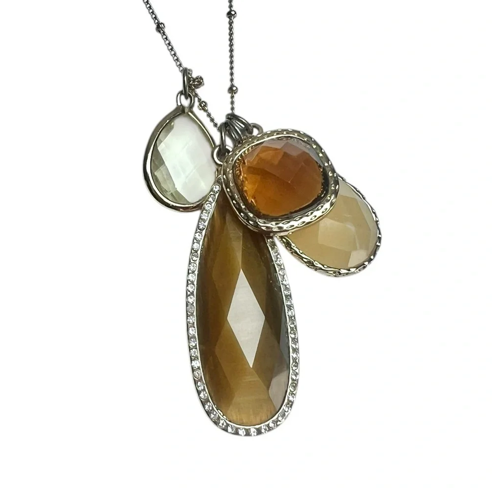 T + R Gold-tone Long Adjustable Necklace Amber Pendant